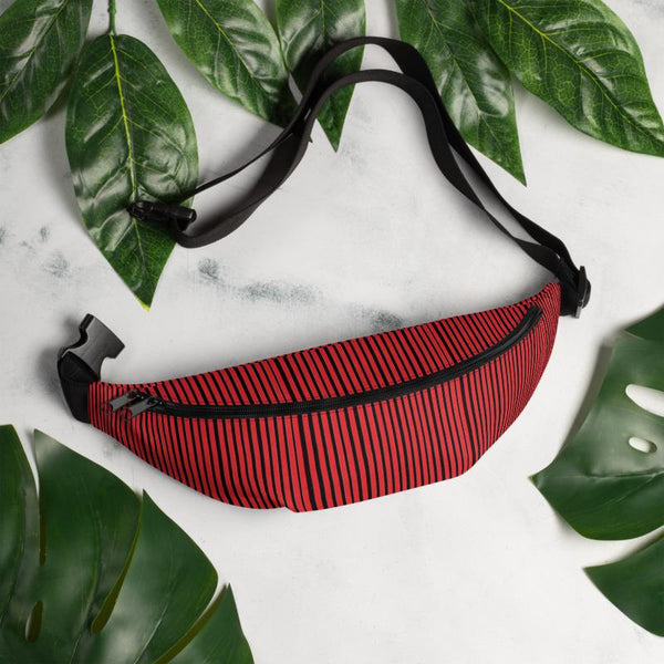 Red Black Stripe Print Designer Waist Bag Fanny Pack Festival Waist Belt Bag- Made in USA-Fanny Pack-Heidi Kimura Art LLC