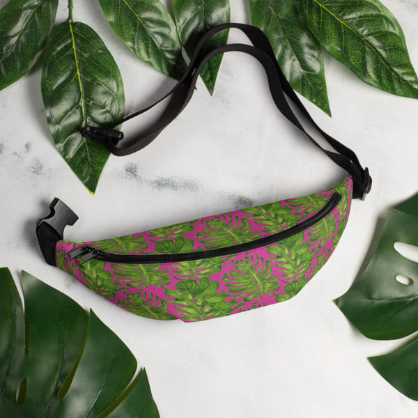 Hot Pink Tropical Leave Print Designer Fanny Pack Over The Shoulder Bag- Made in USA-Fanny Pack-Heidi Kimura Art LLC