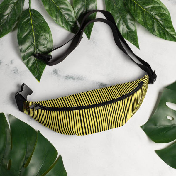 Yellow Black Vertical Stripe Print Premium Designer Fanny Pack Belt Bag - Made in USA-Fanny Pack-Heidi Kimura Art LLC