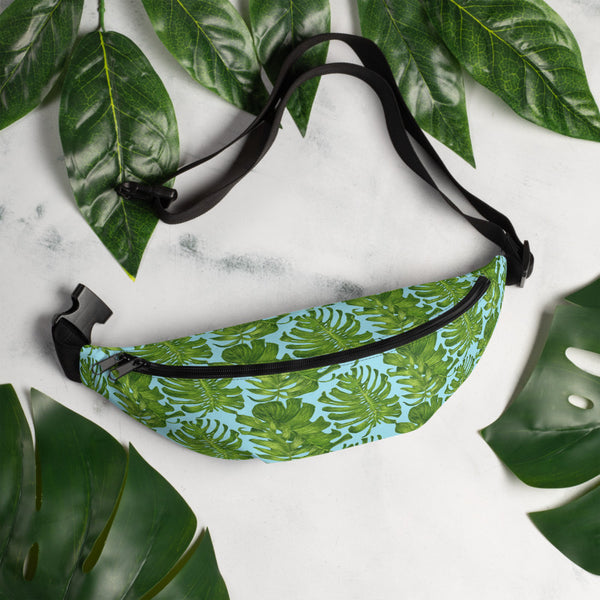 Light Blue Tropical Leaf Print Designer Fanny Pack Waist Belt Festival Bag- Made in USA-Fanny Pack-Heidi Kimura Art LLC