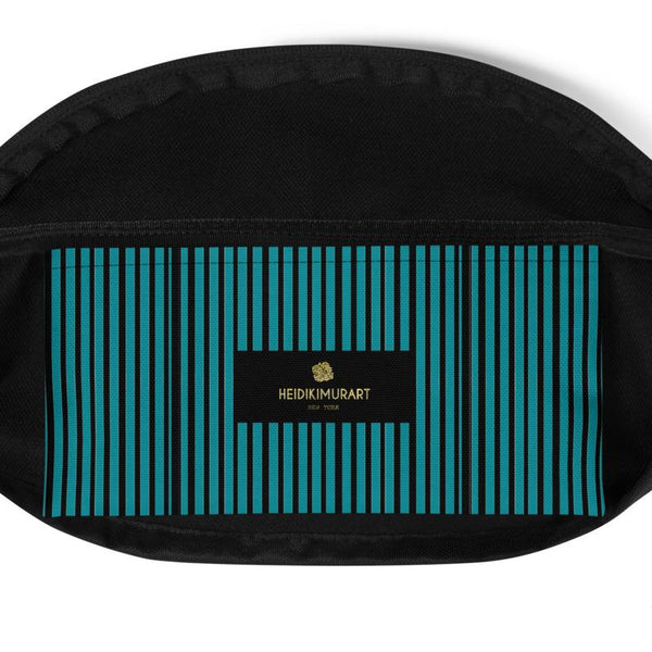 Teal Blue Black Stripe Print Designer Fanny Pack Festival Belt Waist Bag- Made in USA/EU-Fanny Pack-Heidi Kimura Art LLC