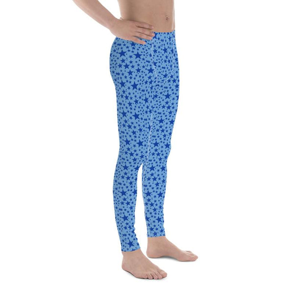 Light Blue Star Print Pattern Designer Men's Leggings Compression Pants - Made in USA/EU-Men's Leggings-Heidi Kimura Art LLC