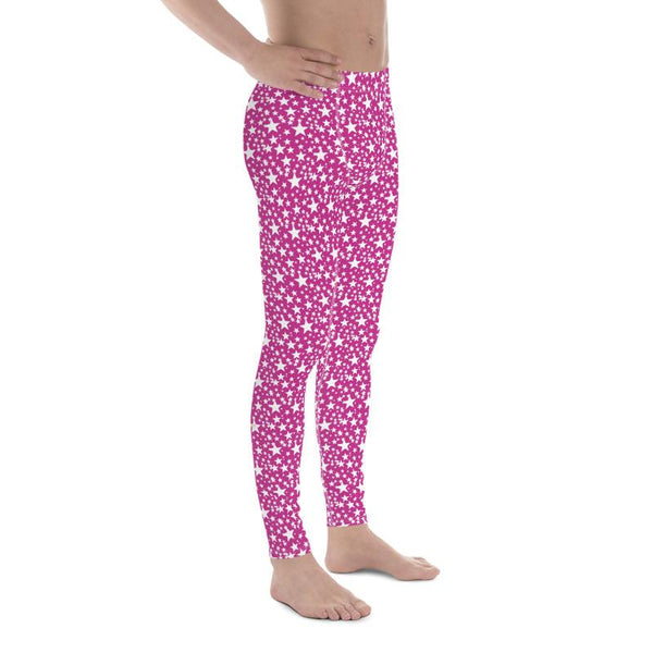 Pink White Star Pattern Print Premium Men's Leggings Compression Tights- Made in USA/EU-Men's Leggings-Heidi Kimura Art LLC
