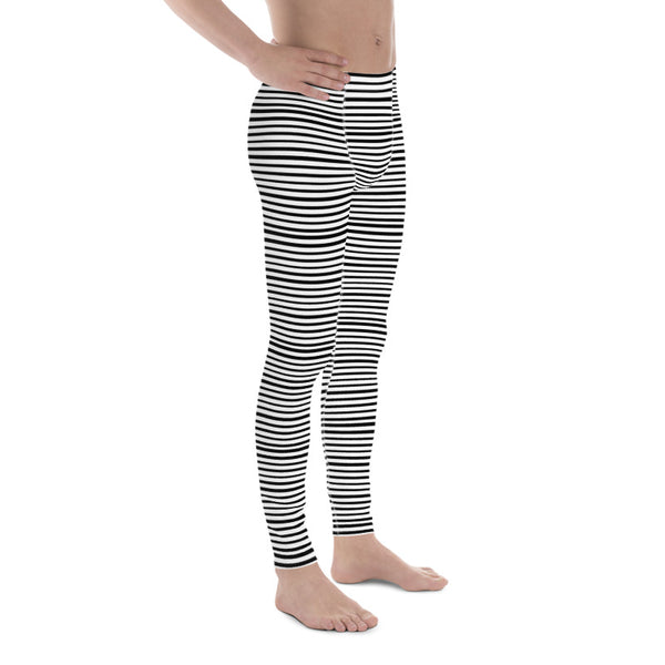 White Black Stripe Horizontal Print Premium Men's Leggings Meggings - Made in USA/EU-Men's Leggings-Heidi Kimura Art LLC