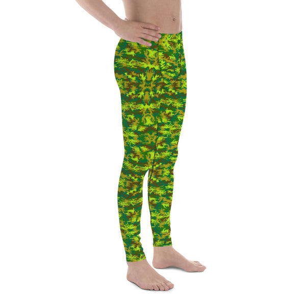 Green Camo Men's Leggings, Camouflage Army Print Premium Classic Elastic Comfy Men's Leggings Fitted Tights Pants - Made in USA/EU (US Size: XS-3XL) Spandex Meggings Men's Workout Gym Tights Leggings, Compression Tights, Kinky Fetish Men Pants