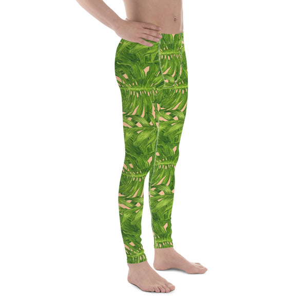Nude Tropical Green Palm Leaf Print Adam's Men's Leggings Meggings- Made in USA/EU-Men's Leggings-Heidi Kimura Art LLC