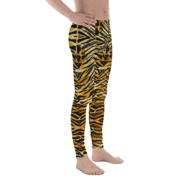 Orange Tiger Striped Meggings, Tiger Stripe Print Men's Leggings, Sexy Wild Exotic Animal Print 38-40 UPF Fitted Elastic Men's Leggings Meggings Sexy Workout Compression Tights/ Pants- Made in USA/EU (US Size: XS-3XL)