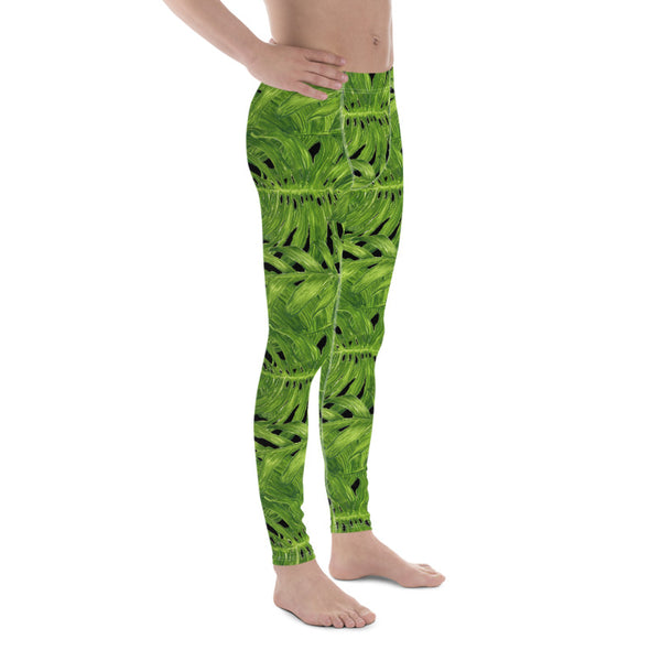 Hawaiian Style Black Green Tropical Leaf Print Men's Leggings Meggings- Made in USA/EU-Men's Leggings-Heidi Kimura Art LLC