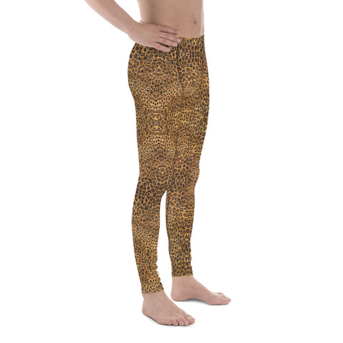 Brown Leopard Meggings, Animal Print Premium Elastic Comfy Men's Leggings Fitted Tights Pants - Made in USA/EU (US Size: XS-3XL) Spandex Meggings Men's Workout Gym Tights Leggings, Compression Tights, Kinky Fetish Men Pants