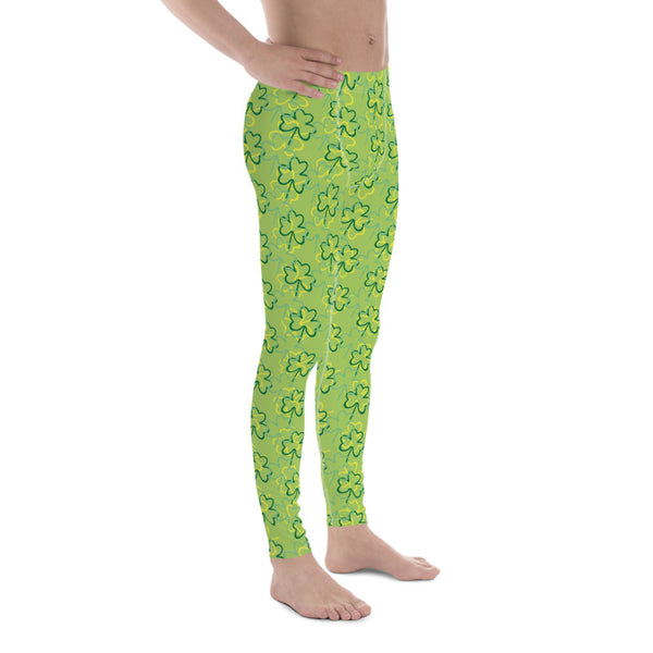 Green Yellow Clover Leaf Print St. Patty's Day Men's Leggings Meggings- Made in USA/EU-Men's Leggings-Heidi Kimura Art LLC