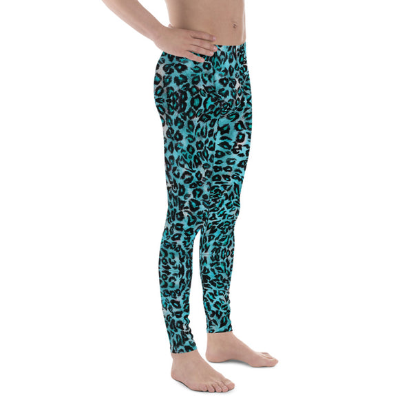 Light Blue Leopard Meggings, Sexy Men's Leggings,  Leopard Animal Print 38-40 UPF Fitted Elastic Men's Leggings Meggings Sexy Workout Compression Tights/ Pants- Made in USA/EU (US Size: XS-3XL)