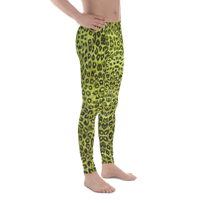 Yellow Leopard Men's Leggings, Animal Print Compression Running Tights-Made  in USA/EU