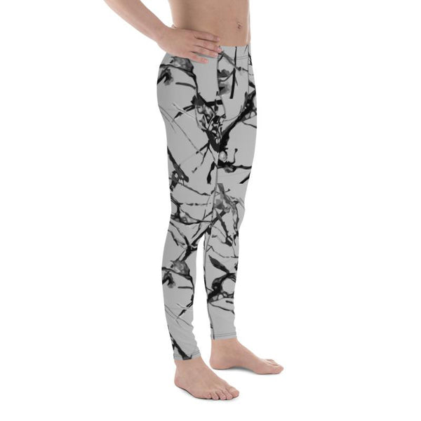 Light Gray Marble Print Stylish Men's Leggings Gym Workout Tights - Made in USA/EU-Men's Leggings-Heidi Kimura Art LLC