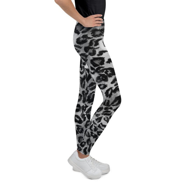 Gray Leopard Animal Print Premium Youth Leggings Tights Active Wear- Made in USA/EU-Youth's Leggings-Heidi Kimura Art LLC
