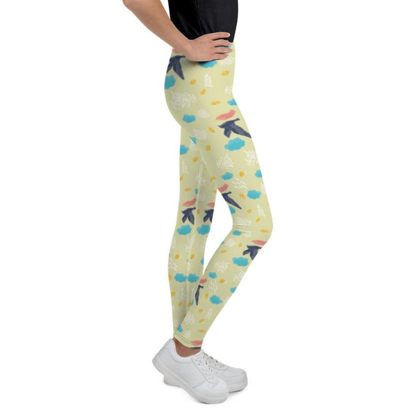Light Blue Bird Yellow Cute Print Youth Leggings Workout Gym Pants - Made in USA/EU-Youth's Leggings-Heidi Kimura Art LLC
