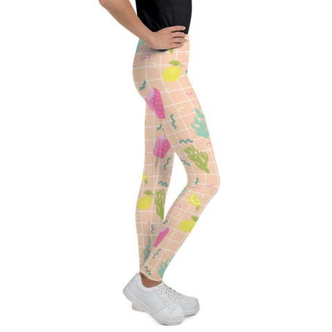 Nude Beige Ice Cream Cactus Print Youth Leggings Tight Workout Pants -Made in USA/EU-Youth's Leggings-Heidi Kimura Art LLC Nude Beige Ice Cream Tights, Nude Beige Arizona Style Cactus Lemon Ice Cream Cactus Print Premium Quality Youth Gym Sports Elastic Leggings Girl or Boy Bottoms, Winter Essentials Sports Gym Youth Leggings, 38-40 UPF, Sun-Protective Clothing, Made in USA/ Made in Europe (US Size: 8-20)