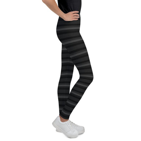 Gray Horizontal Striped Youth Leggings, Unisex Youth Tight Stretchy Pants- Made in USA/ EU-Youth's Leggings-Heidi Kimura Art LLC