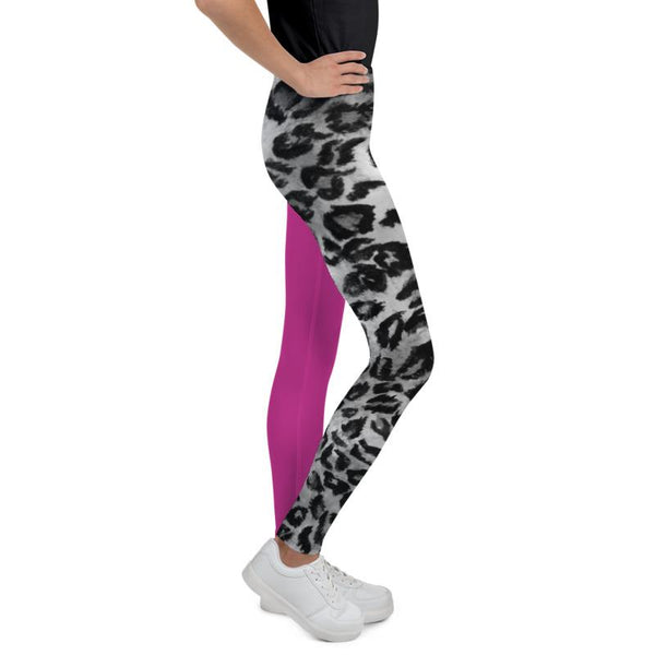 Hybrid Gray Leopard Hot Pink Print Youth Leggings Tights Best Pants- Made in USA/EU-Youth's Leggings-Heidi Kimura Art LLC