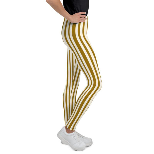 Classic Light Yellow Brown Vertical Stripe Print Premium Youth Leggings-Made in USA/EU-Youth's Leggings-Heidi Kimura Art LLC