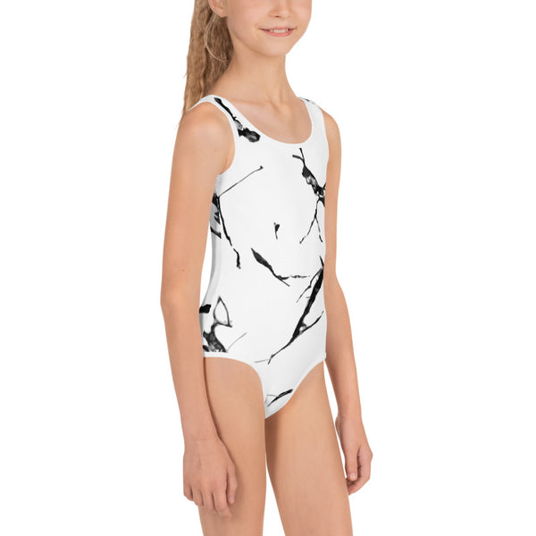 Luxury White Gray Marble Print Designer Print Girls Kids Swimsuit Swimwear- Made in USA/EU-Kid's Swimsuit (Girls)-Heidi Kimura Art LLC