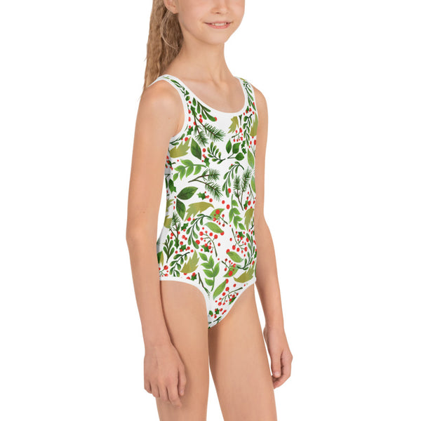 Christmas Floral Print Girl's Swimwear, Girl's Kids Premium Swimwear Sportswear Swimsuit - Made in USA/EU (US Size: 2T-7)