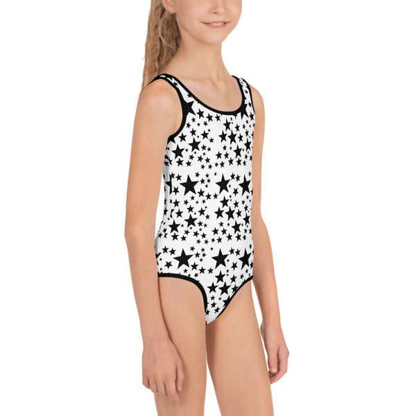 White Black Stars Girl's Swimsuit, Black Star Girl's Swimsuit, Space Galaxy Print, Girl's Kids Premium Swimwear Sportswear Swimsuit - Made in USA/EU (US Size: 2T-7)