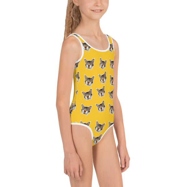 Bright Yellow Cat Print Girl's Swimsuit, Cute Kids Swimwear- Made in USA/EU (US Size: 2T-7) Girl's Cute Premium Kids Swimsuit Bathing Suit, Cat Swimsuit, Cute Cat Girls Swimsuit