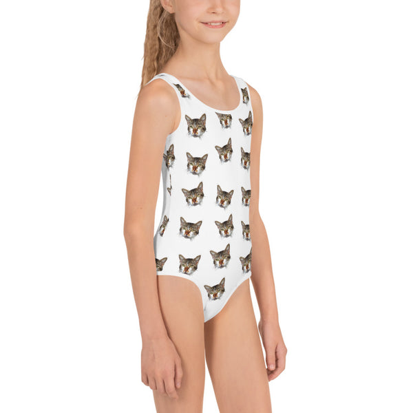 White Cat Print Girl's Swimsuit, Cute Kids Swimwear- Made in USA/EU (US Size: 2T-7)Girl's Cute Premium Kids Swimsuit Bathing Suit - Made in USA/ Europe (US Size: 2T-7)