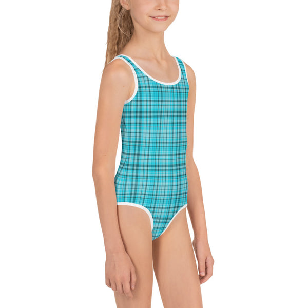 Light Blue Tartan Plaid Print Kids Girls Swimsuit Swimwear Bathing Suits-Made in USA/EU-Kid's Swimsuit (Girls)-Heidi Kimura Art LLC