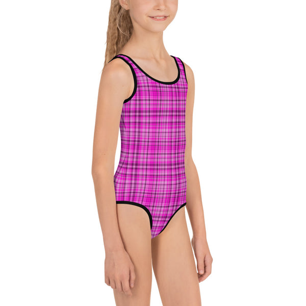 Pink Tartan Print Girl's Swimwear, Plaid Print Best Kids Swimsuit, Girl's Kids Premium Swimwear Sportswear Swimsuit - Made in USA/EU (US Size: 2T-7)