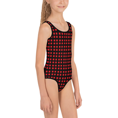 Red Buffalo Print Girl's Swimwear, Black Buffalo Girl's Swimsuit, Plaid Print Best Kids Swimsuit, Girl's Kids Premium Swimwear Sportswear Swimsuit - Made in USA/EU (US Size: 2T-7)