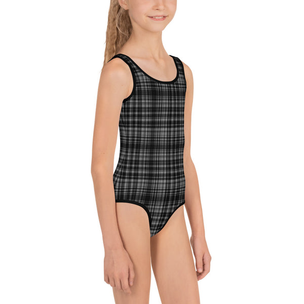 Black Gray Plaid Girl's Swimsuit, Tartan Print Kids Swimwear Bathing Suits-Made in USA/EU-Kid's Swimsuit (Girls)-Heidi Kimura Art LLC