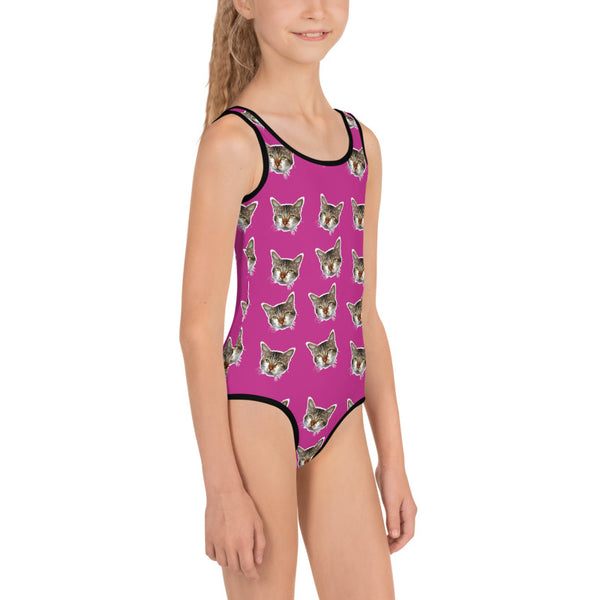 Hot Pink Cat Girl's Swimwear, Cute Kids Swimwear- Made in USA/EU (US Size: 2T-7) Girl's Cute Premium Kids Swimsuit Bathing Suit, Cat Swimsuit, Cute Cat Girls Swimsuit