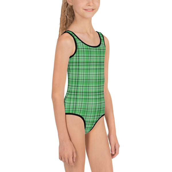 Green Plaid Tartan Print Girls Kids Cute Swimsuit Swimwear bathing Suits-Made in USA/EU-Kid's Swimsuit (Girls)-Heidi Kimura Art LLC