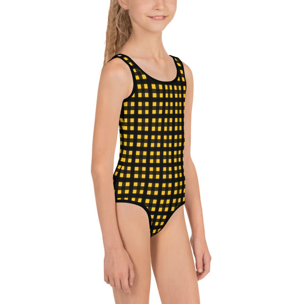 Yellow Buffalo Girl's Swimsuit, Plaid Print Best Kids Swimsuit, Girl's Kids Premium Swimwear Sportswear Swimsuit - Made in USA/EU (US Size: 2T-7)