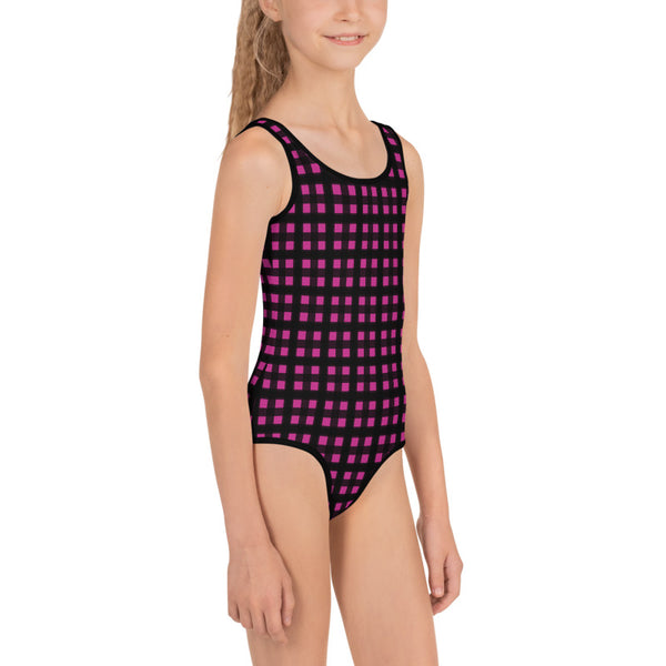 Hot Pink Buffalo Plaid Girl's Swimsuit, Plaid Print Best Kids Swimsuit, Girl's Kids Premium Swimwear Sportswear Swimsuit - Made in USA/EU (US Size: 2T-7)