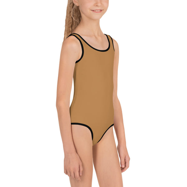 Brown Nude Girl's Swimwear, Modern Simple Solid Color Print Girl's Kids Luxury Premium Modern Fashion Swimsuit Swimwear Bathing Suit Children Sportswear- Made in USA/EU (US Size: 2T-7)