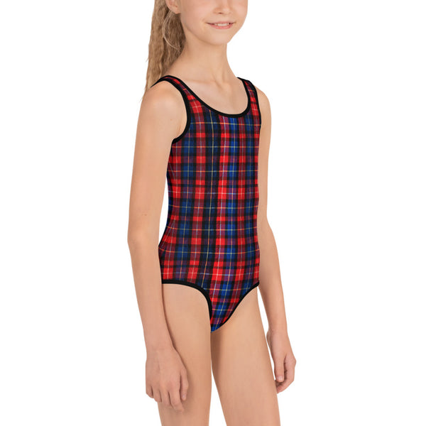 Red Plaid Print Girl's Swimsuit, Classic Tartan Plaid Preppy Kids Swimwear-Made in USA/EU-Kid's Swimsuit (Girls)-Heidi Kimura Art LLC