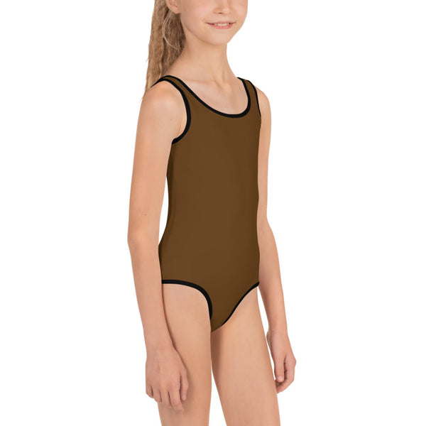 Earth Brown Girl's Swimwear, Modern Simple Solid Color Print Girl's Kids Luxury Premium Modern Fashion Swimsuit Swimwear Bathing Suit Children Sportswear- Made in USA/EU (US Size: 2T-7)