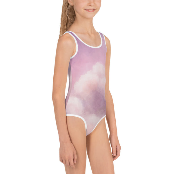 Purple Pink Abstract Clouds Print Girls Kids Swimsuit Cute Designer Swimwear-Made in USA/EU-Kid's Swimsuit (Girls)-Heidi Kimura Art LLC