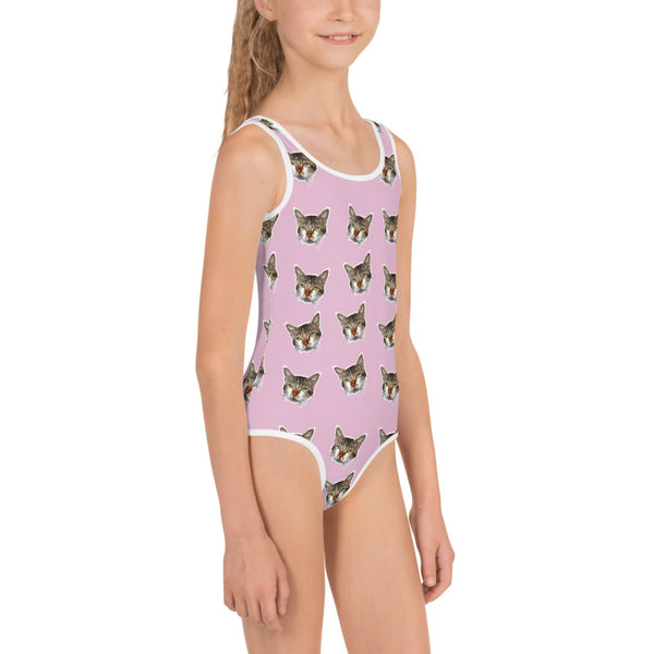 Light Pink Cat Print Girl's Swimsuit, Cute Cat Kids Swimwear- Made in USA/EU (US Size: 2T-7) Girl's Cute Premium Kids Swimsuit Bathing Suit Cat, Swimsuit, Cute Cat Girls Swimsuit