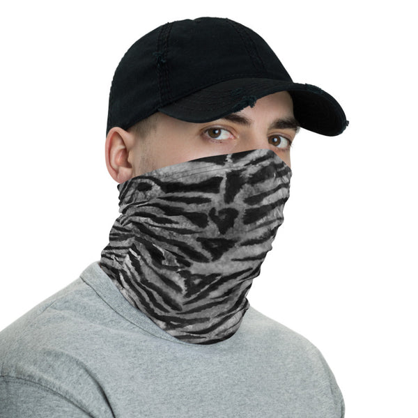 Gray Tiger Striped Neck Gaiter, Animal Print Face Mask Shield, Luxury Premium Quality Cool And Cute One-Size Reusable Washable Scarf Headband Bandana - Made in USA/EU, Face Neck Warmers, Non-Medical Breathable Face Covers, Neck Gaiters, Face Mouth Cloth Coverings  