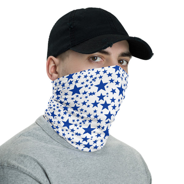 White Blue Star Face Mask, Blue Star Pattern Print Luxury Premium Quality Cool And Cute One-Size Reusable Washable Scarf Headband Bandana - Made in USA/EU, Face Neck Warmers, Non-Medical Breathable Face Covers, Neck Gaiters  