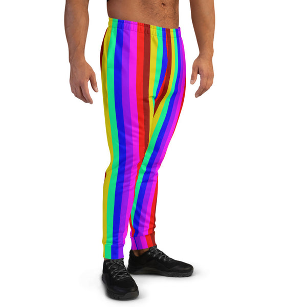  Bright Rainbow Men's Joggers, Striped Print Gay Pride Vertical Stripes Modern Slim-Fit Designer Ultra Soft & Comfortable Men's Joggers, Men's Jogger Pants-Made in EU/MX (US Size: XS-3XL)