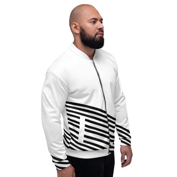White Black Striped Bomber Jacket, Modern Premium Quality Modern Unisex Jacket For Men/Women With Pockets-Made in EU