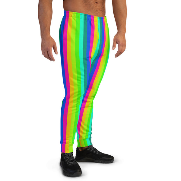 Bright Rainbow Men's Joggers, Colorful Striped Print Gay Pride Vertical Stripes Modern Slim-Fit Designer Ultra Soft & Comfortable Men's Joggers, Men's Jogger Pants-Made in EU (US Size: XS-3XL)