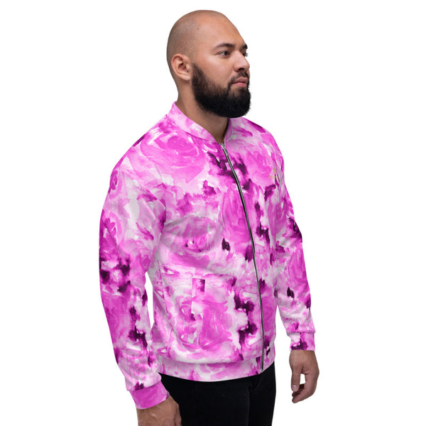 Pink Rose Bomber Jacket, Floral Print Premium Quality Modern Unisex Jacket For Men/Women With Pockets-Made in EU
