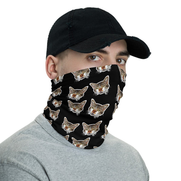 Cat Black Face Mask Shield, Luxury Premium Quality Cool And Cute One-Size Reusable Washable Scarf Headband Bandana - Made in USA/EU, Face Neck Warmers, Non-Medical Breathable Face Covers, Neck Gaiters  
