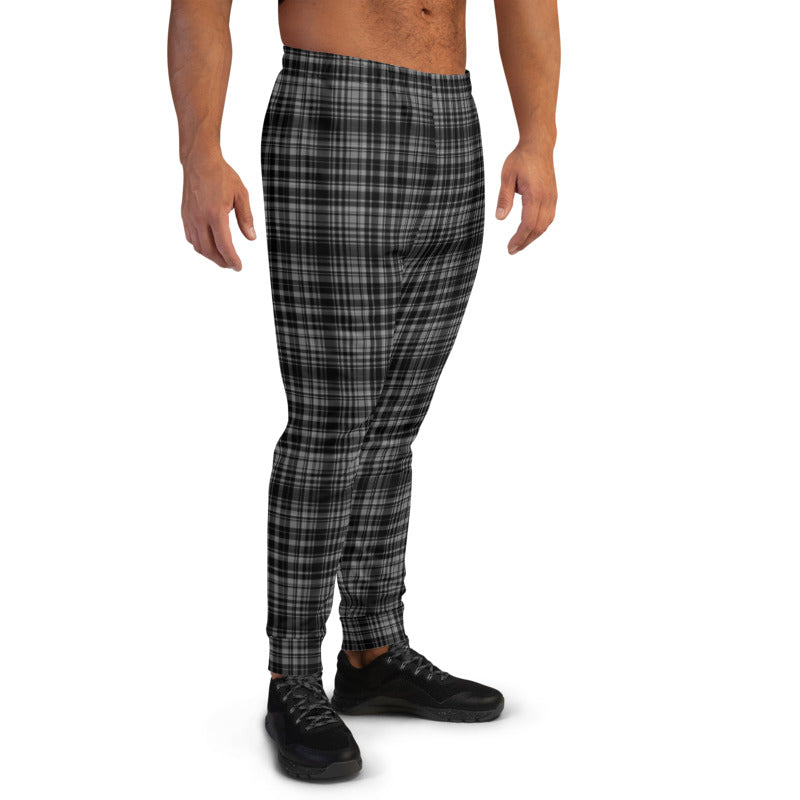 Black Grey Plaid Men's Joggers, Tartan Print Classic Premium Soft