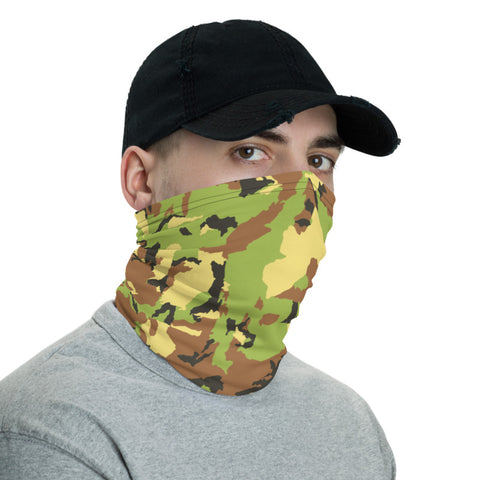 Green Brown Camo Neck Gaiter, Army Camouflage Military Face Mask Shield, Luxury Premium Quality Cool And Cute One-Size Reusable Washable Scarf Headband Bandana - Made in USA/EU, Face Neck Warmers, Non-Medical Breathable Face Covers, Neck Gaiters  